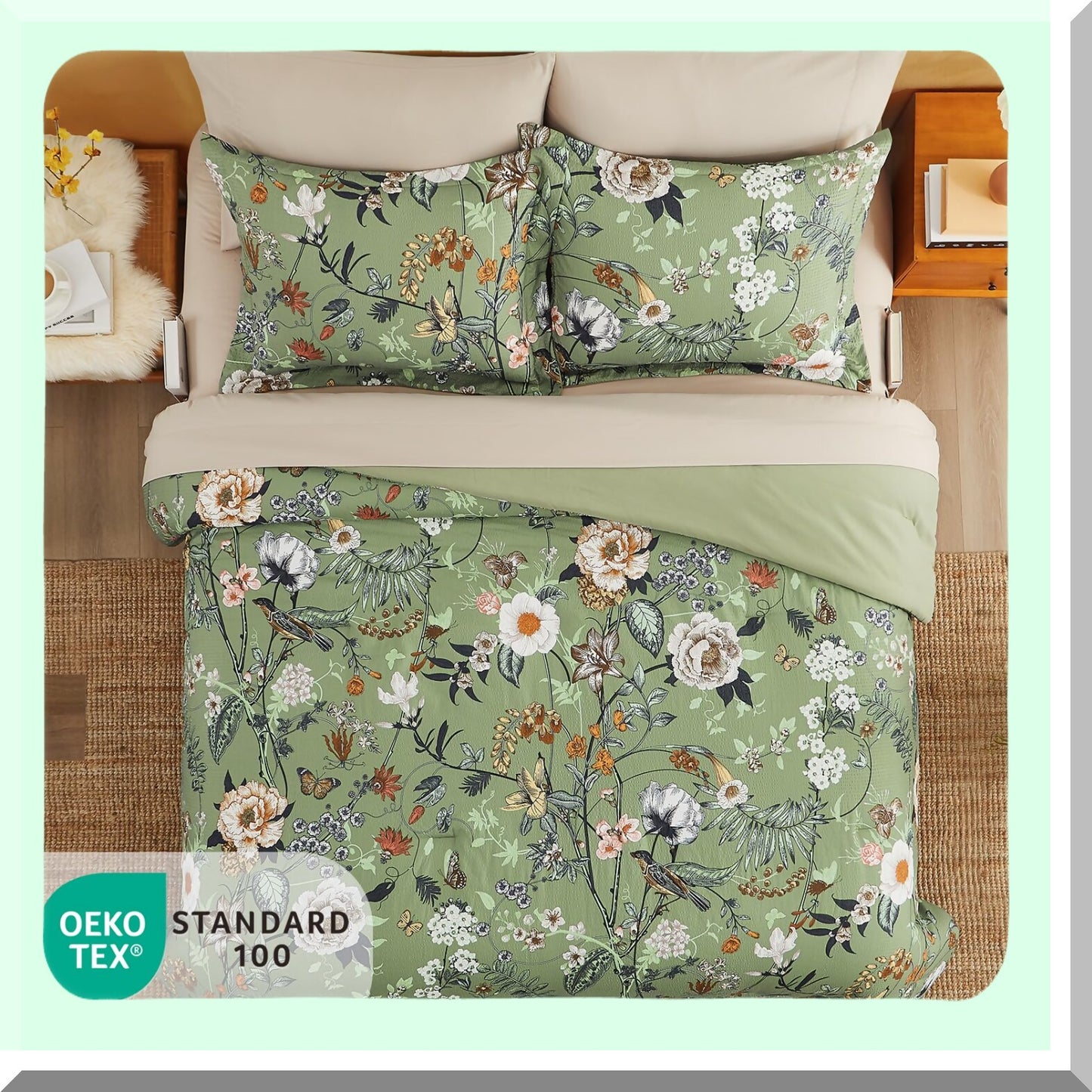 Green Butterfly Floral Seersucker Comforter Set - 7 PCS Queen Size Bedding with Flowers Leaves Pattern, All Season Microfiber, Decor Pillow Included