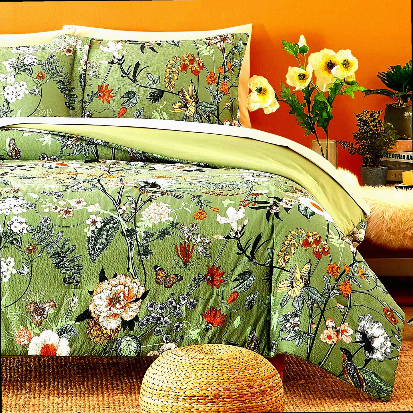 Green Butterfly Floral Seersucker Comforter Set - 7 PCS Queen Size Bedding with Flowers Leaves Pattern, All Season Microfiber, Decor Pillow Included