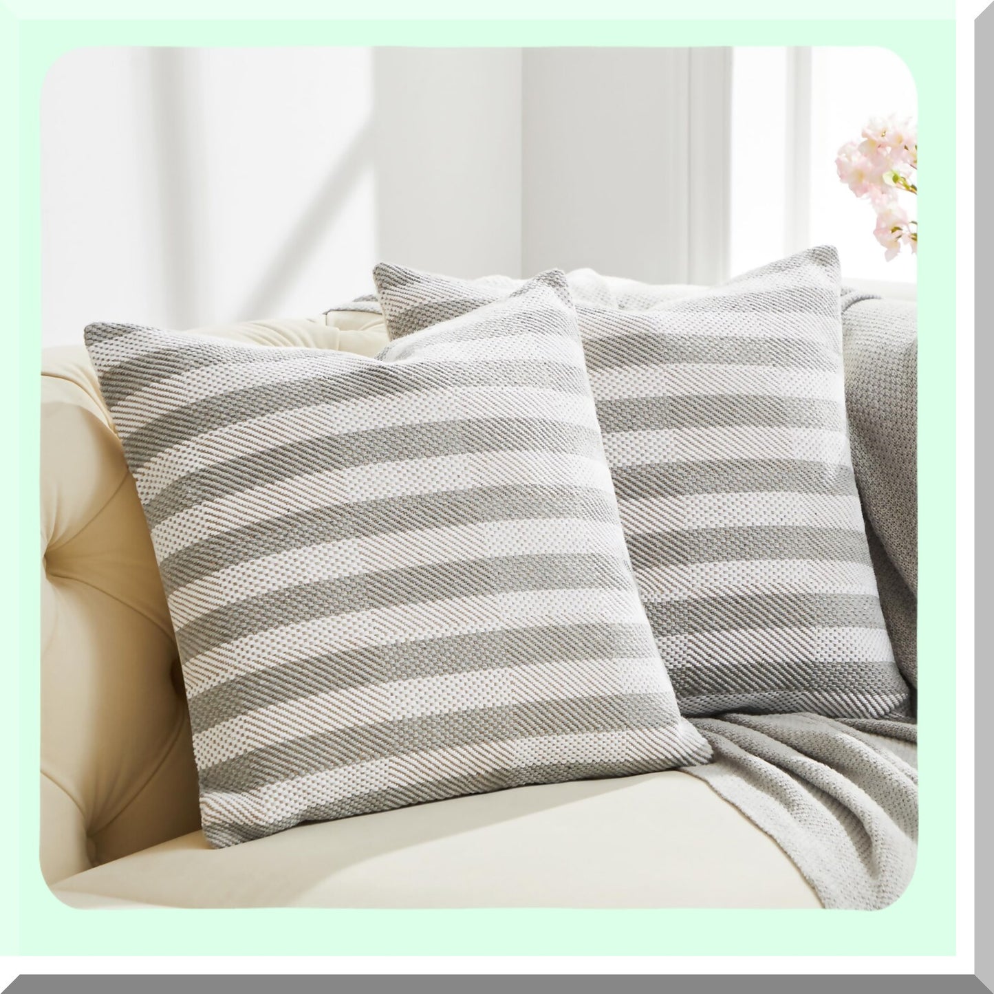 Boho Stripe Decorative Pillow Covers - Set of 2 18x18 Inch Cotton Linen Cushion Cases for Couch Sofa - Grey Throw Pillows