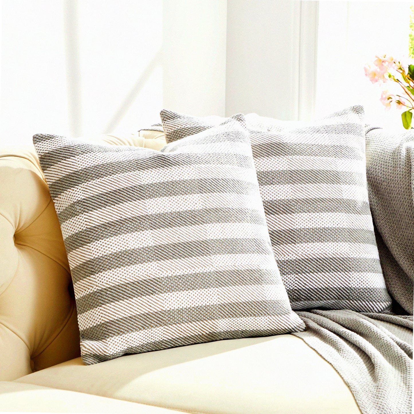 Boho Stripe Decorative Pillow Covers - Set of 2 18x18 Inch Cotton Linen Cushion Cases for Couch Sofa - Grey Throw Pillows