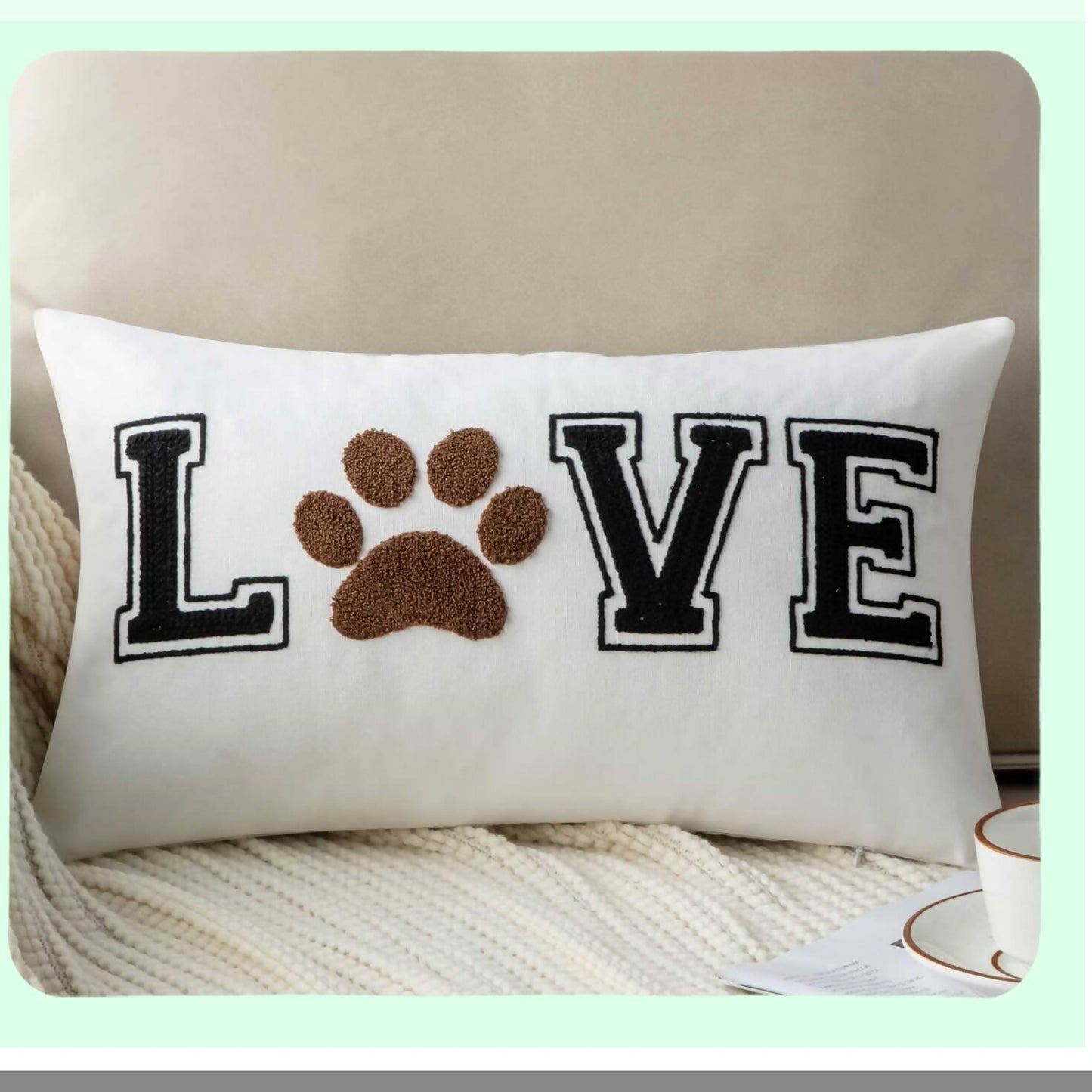 LovePaw Embroidered Decorative Throw Pillow Cover - Dog Cat Lover Lumbar Pillow 12x20 Inches Cover Only - Paw Prints Design