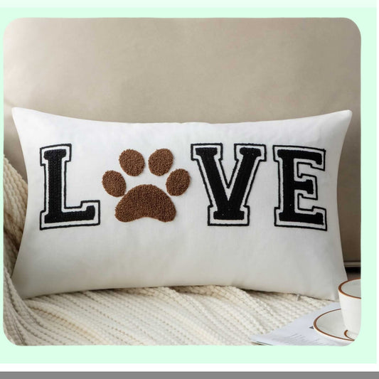 LovePaw Embroidered Decorative Throw Pillow Cover - Dog Cat Lover Lumbar Pillow 12x20 Inches Cover Only - Paw Prints Design