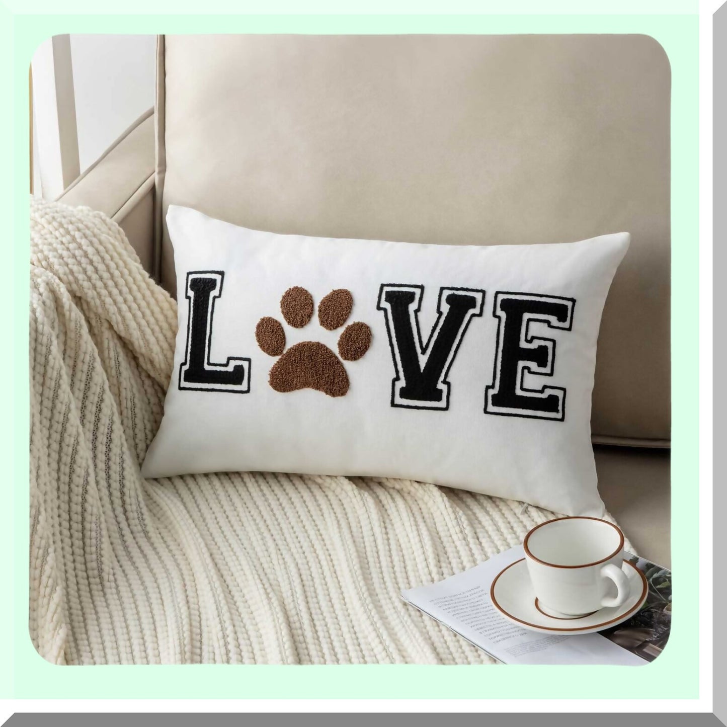 LovePaw Embroidered Decorative Throw Pillow Cover - Dog Cat Lover Lumbar Pillow 12x20 Inches Cover Only - Paw Prints Design