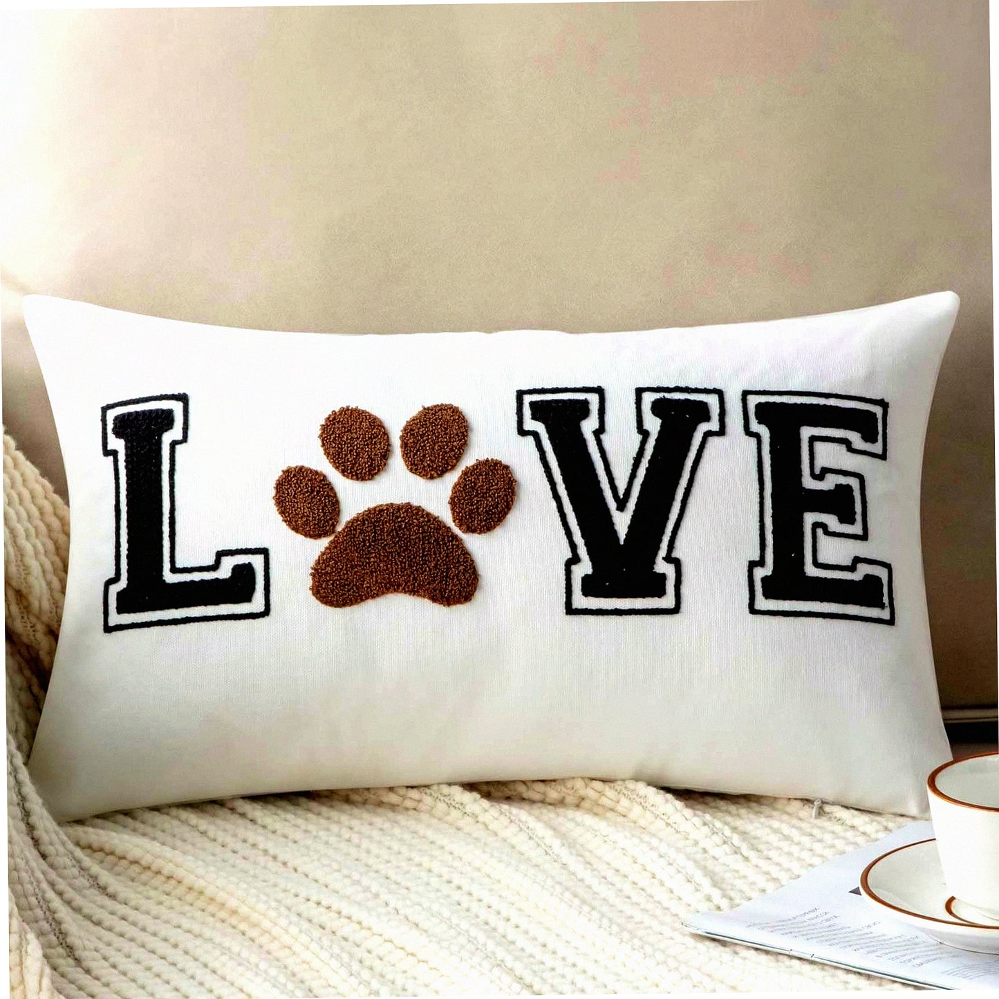 LovePaw Embroidered Decorative Throw Pillow Cover - Dog Cat Lover Lumbar Pillow 12x20 Inches Cover Only - Paw Prints Design