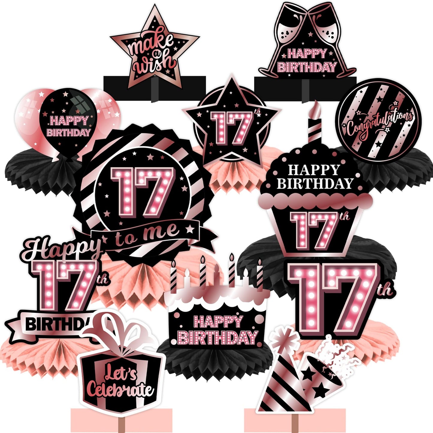 Rose Gold & Black Honeycomb Tabletop Centerpieces - Celebrate your 17th birthday in style with these elegant table decorations. Perfect for a princess-themed party!