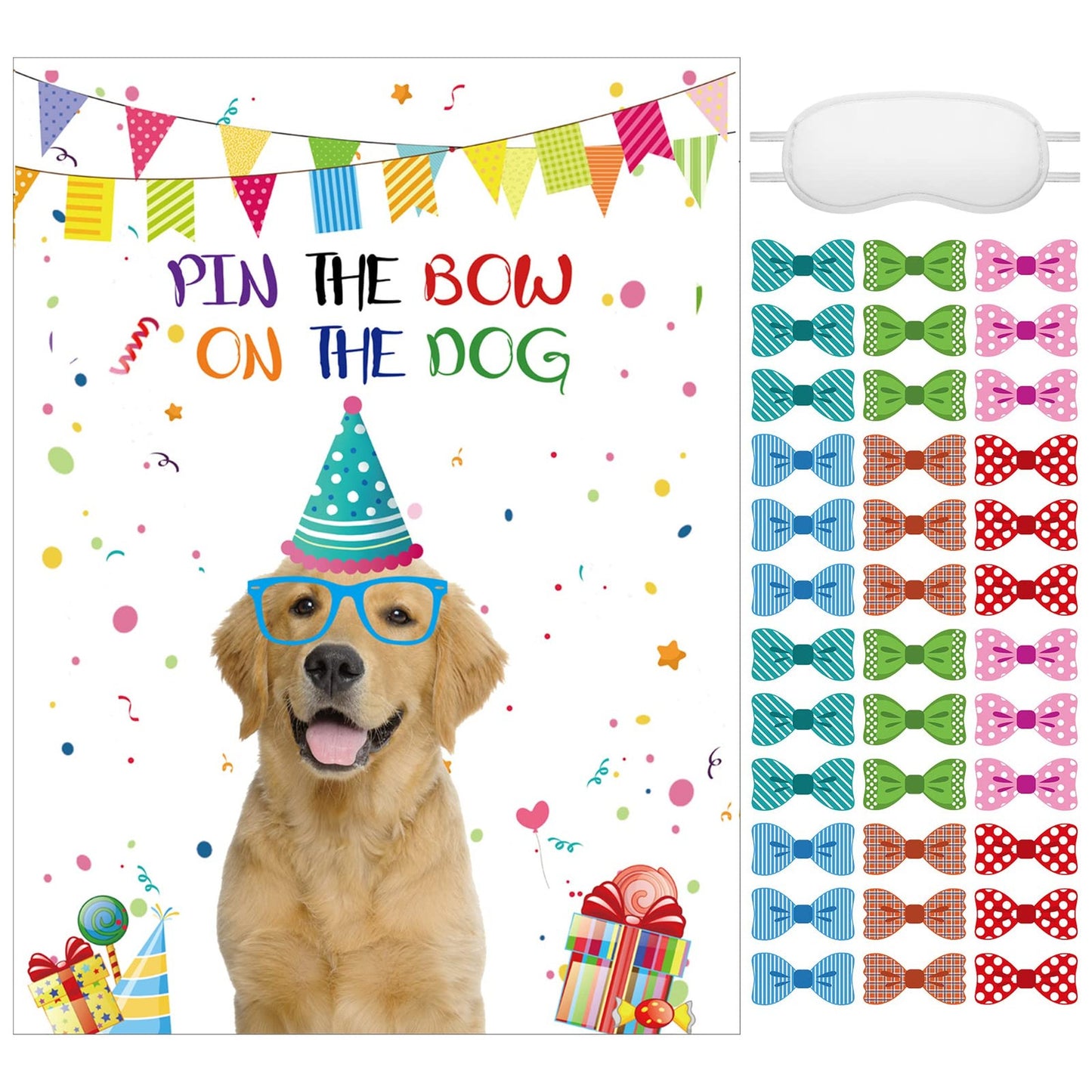 Puppy Dog Tail Pinning Game Set - 38 Pcs Doggy Bow Poster, Blindfolds, Stickers - Kids Birthday Party Supplies & Decorations - Fun Dog Themed Activity