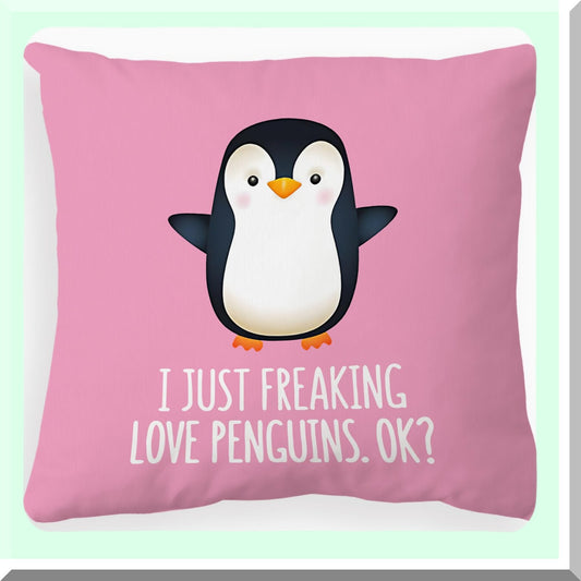 Penguin Love Funny Decor Pillow - 18x18 Inch Cushion Cover for Home Decor, Gifts for Son, Daughter, Sister - Pink Penguin Theme