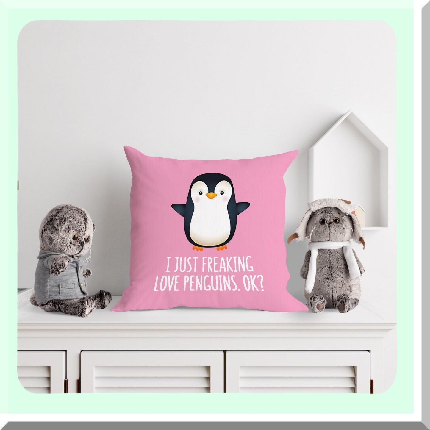 Penguin Love Funny Decor Pillow - 18x18 Inch Cushion Cover for Home Decor, Gifts for Son, Daughter, Sister - Pink Penguin Theme