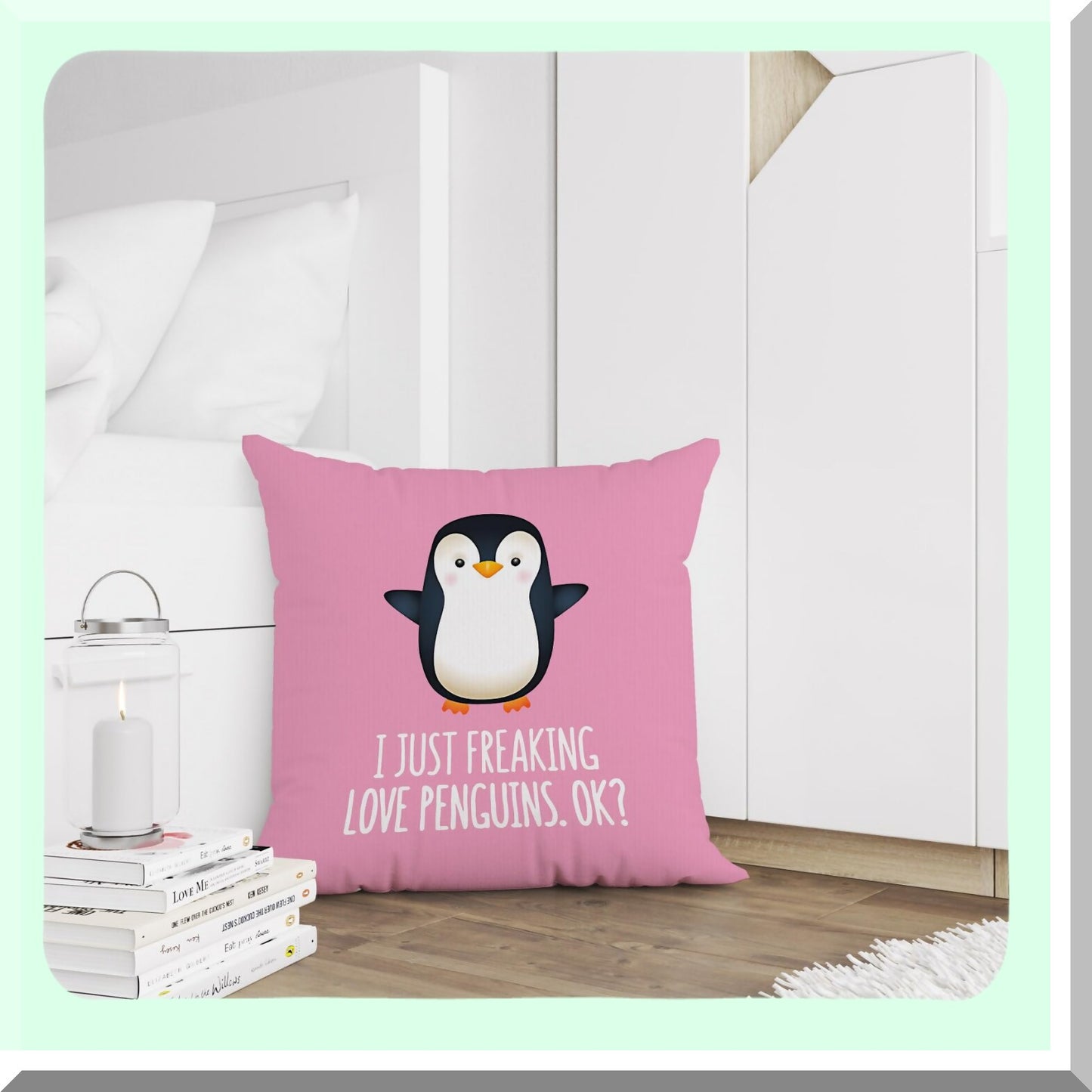 Penguin Love Funny Decor Pillow - 18x18 Inch Cushion Cover for Home Decor, Gifts for Son, Daughter, Sister - Pink Penguin Theme