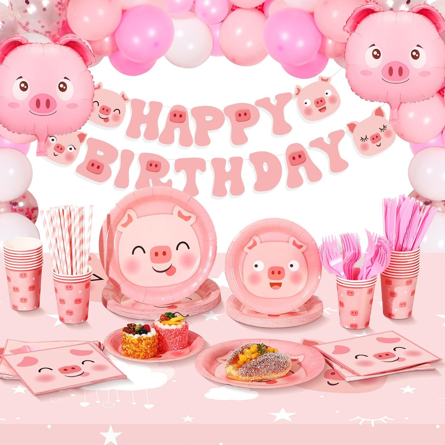 Piggy Party Pack - Complete Pig Themed Decorations for Farm Birthday Celebration! Includes Tableware, Banner, Balloons, Dinnerware, and Table Cloths. Perfect for Kids!