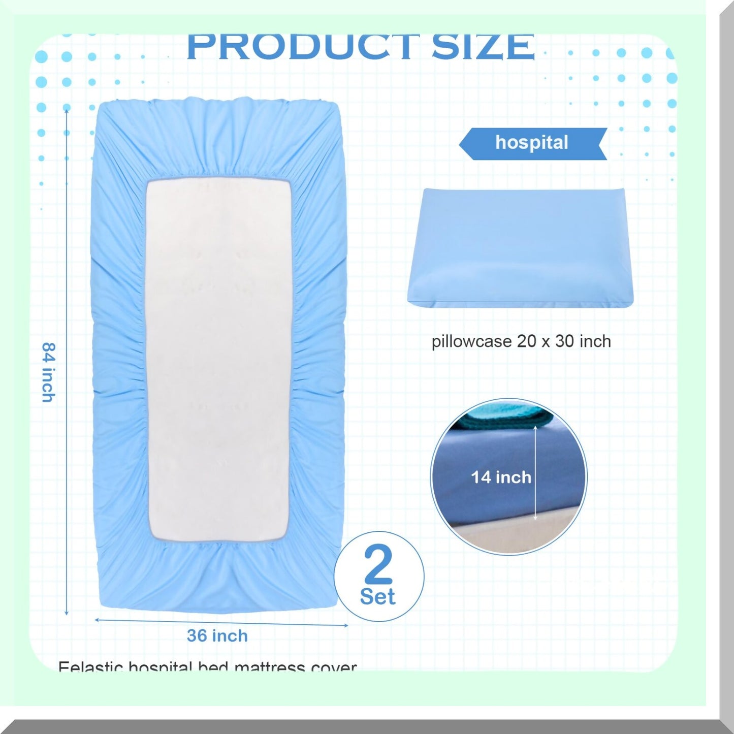 Hospital Bed Sheet Set - 2 Pack Fitted Sheets 36 x 84 x 14 Inch - Elastic All Around - Pillow Cases Included - Blue - Home, Hotel, Hospital, Massage Table - Soft, Durable, Comfortable