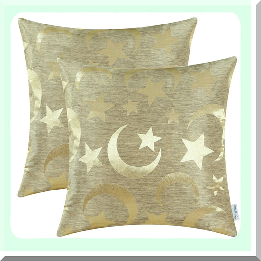 Starlight Duality Pillow Covers - Set of 2 Modern Shining & Dull Contrast Cases for Couch Sofa Home Decor, Moon & Stars Design, 18x18 Inches Gold