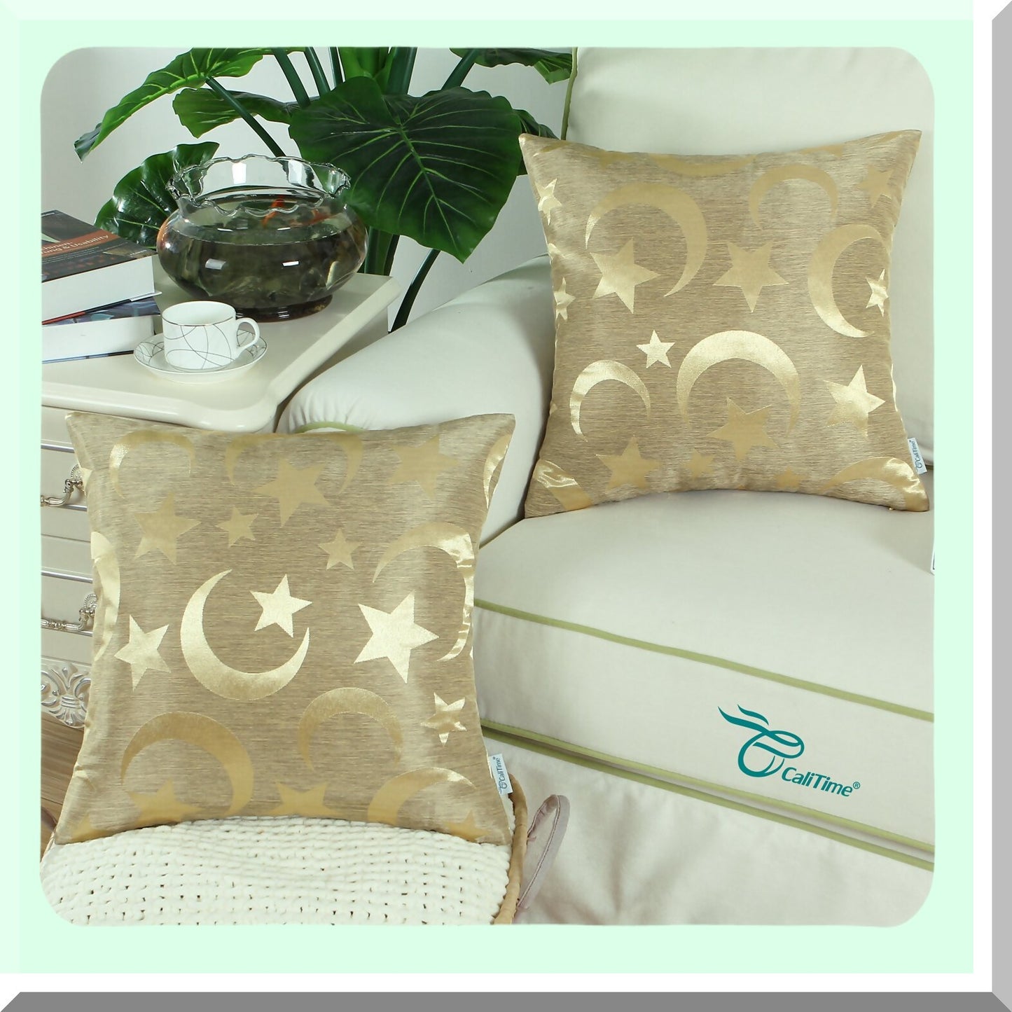 Starlight Duality Pillow Covers - Set of 2 Modern Shining & Dull Contrast Cases for Couch Sofa Home Decor, Moon & Stars Design, 18x18 Inches Gold