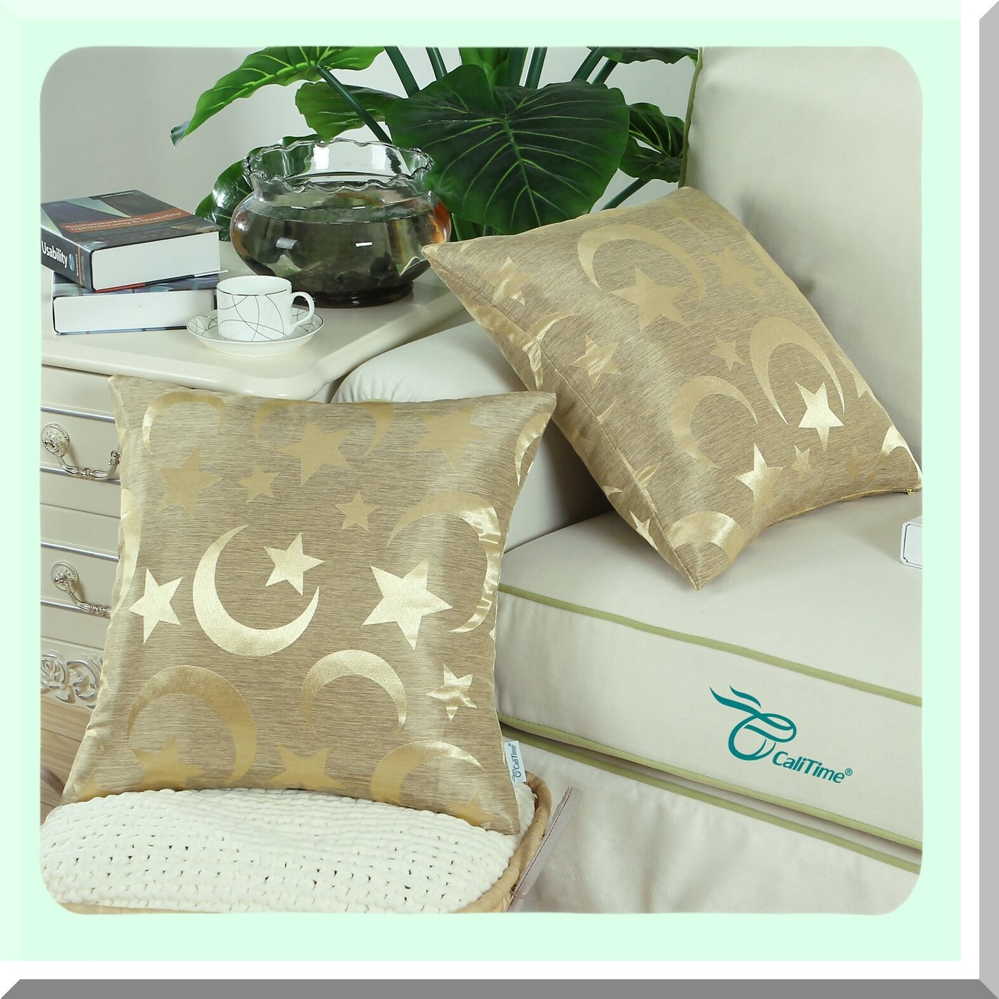 Starlight Duality Pillow Covers - Set of 2 Modern Shining & Dull Contrast Cases for Couch Sofa Home Decor, Moon & Stars Design, 18x18 Inches Gold