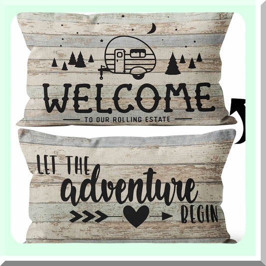 Adventure Haven RV Pillow Covers - Set of 2, Camping Decor Gifts, Camper Accessories, Double-Sided Print 12x20 Cushion Covers, Interior RV Decorations
