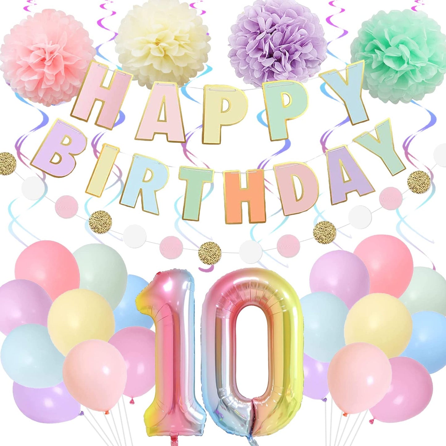 Rainbow Number 10 Balloon Set - Happy Birthday Banner & Decorations Kit for Children's 10th Birthday Party - Boys Girls 10th Birthday Balloon Pack