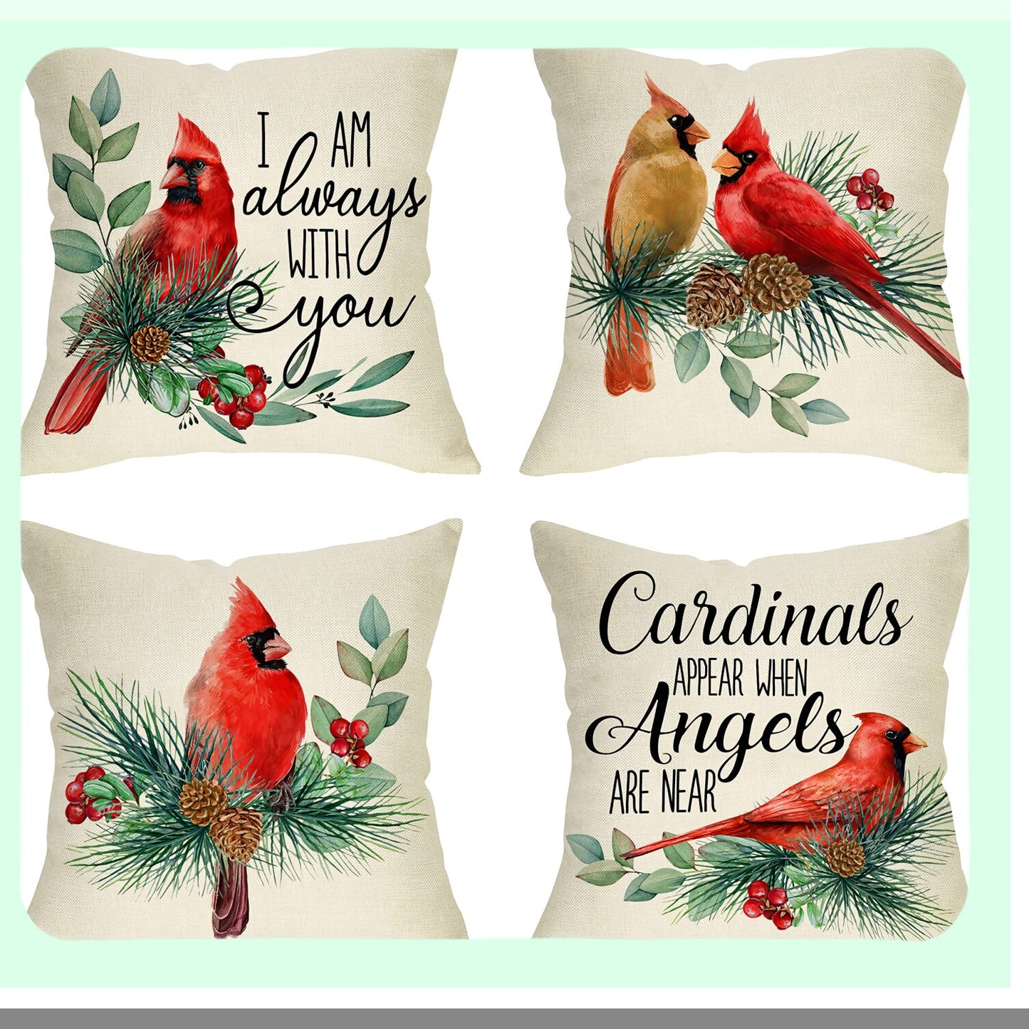 Cardinal Red Birds Winter Holiday Decorative Pillow Cover Set - Pine Cones Berry Cushion Case Quote Pillowcase Sofa Couch Decoration 16x16