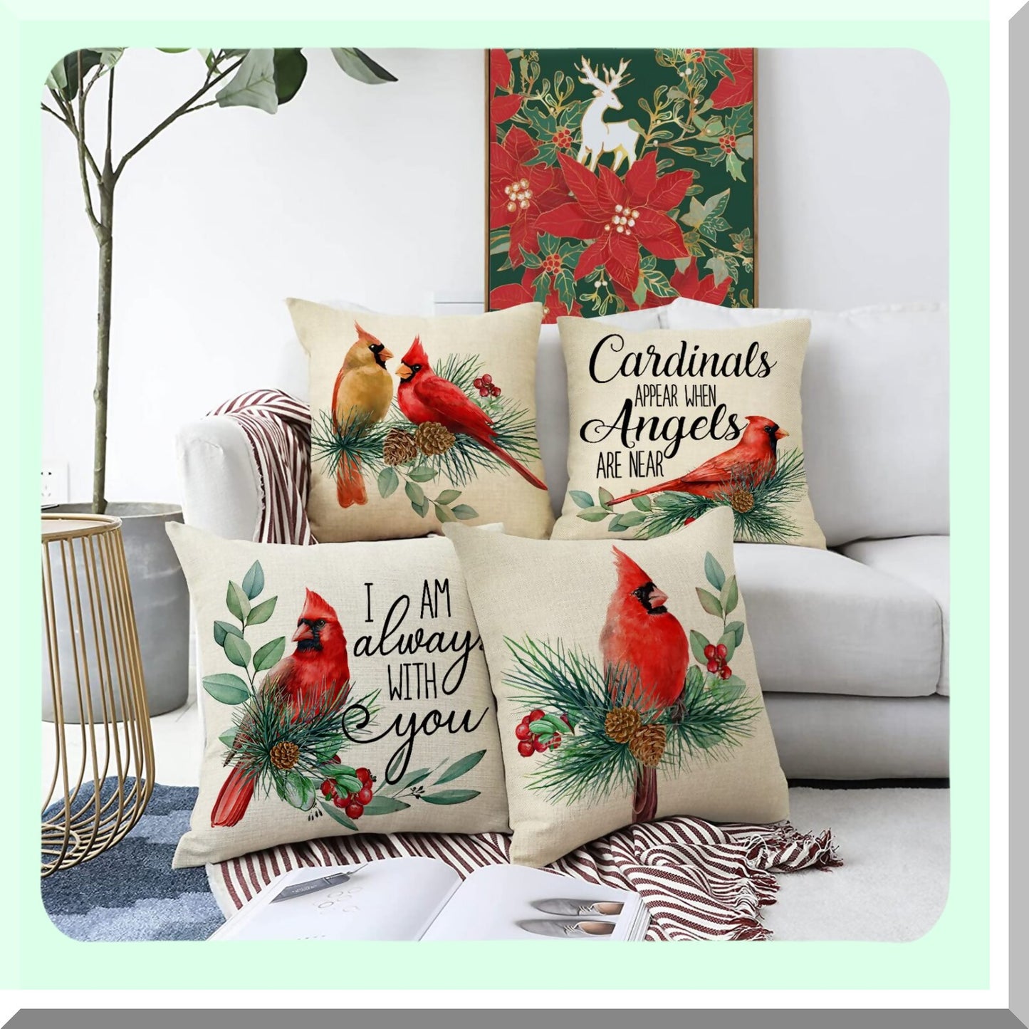 Cardinal Red Birds Winter Holiday Decorative Pillow Cover Set - Pine Cones Berry Cushion Case Quote Pillowcase Sofa Couch Decoration 16x16