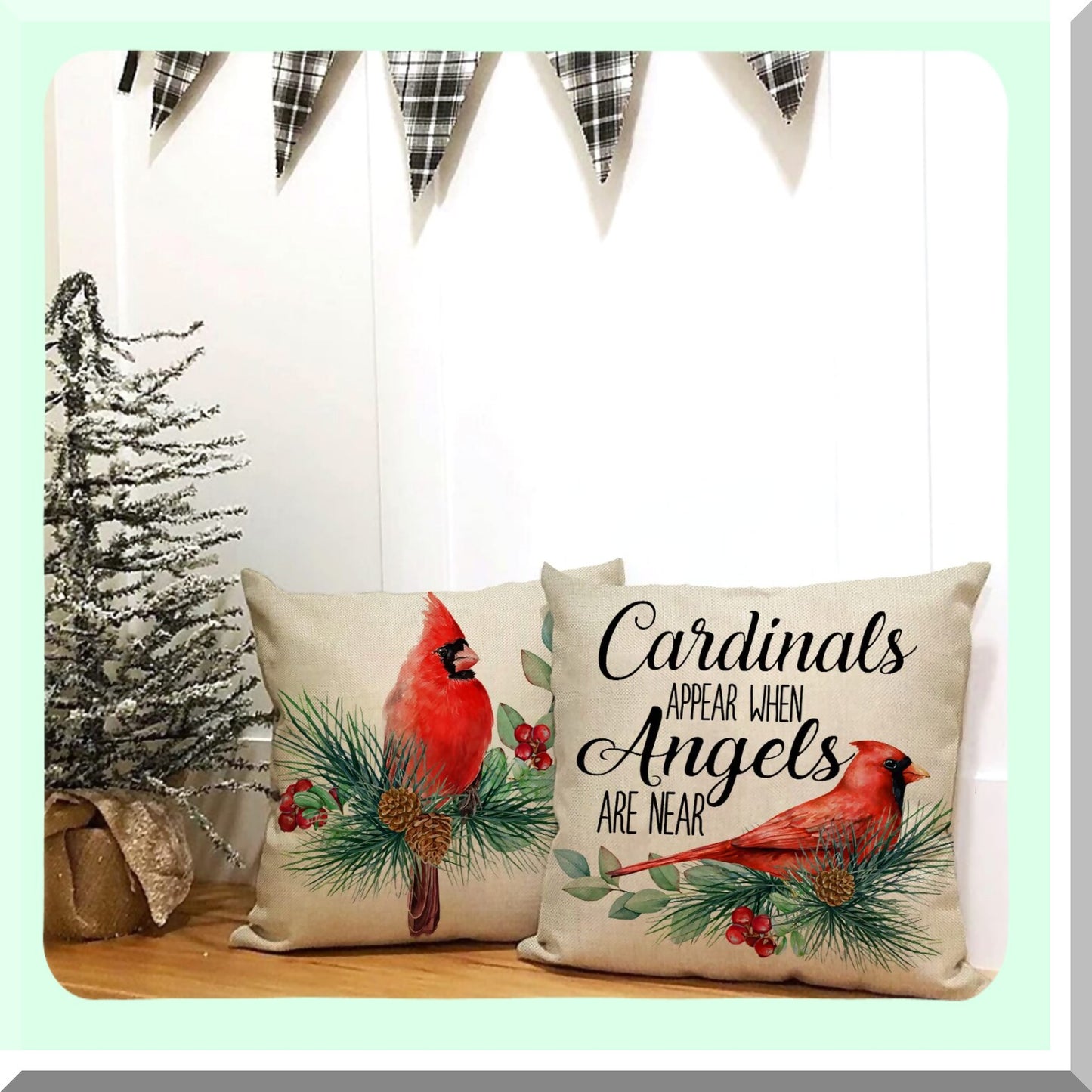 Cardinal Red Birds Winter Holiday Decorative Pillow Cover Set - Pine Cones Berry Cushion Case Quote Pillowcase Sofa Couch Decoration 16x16