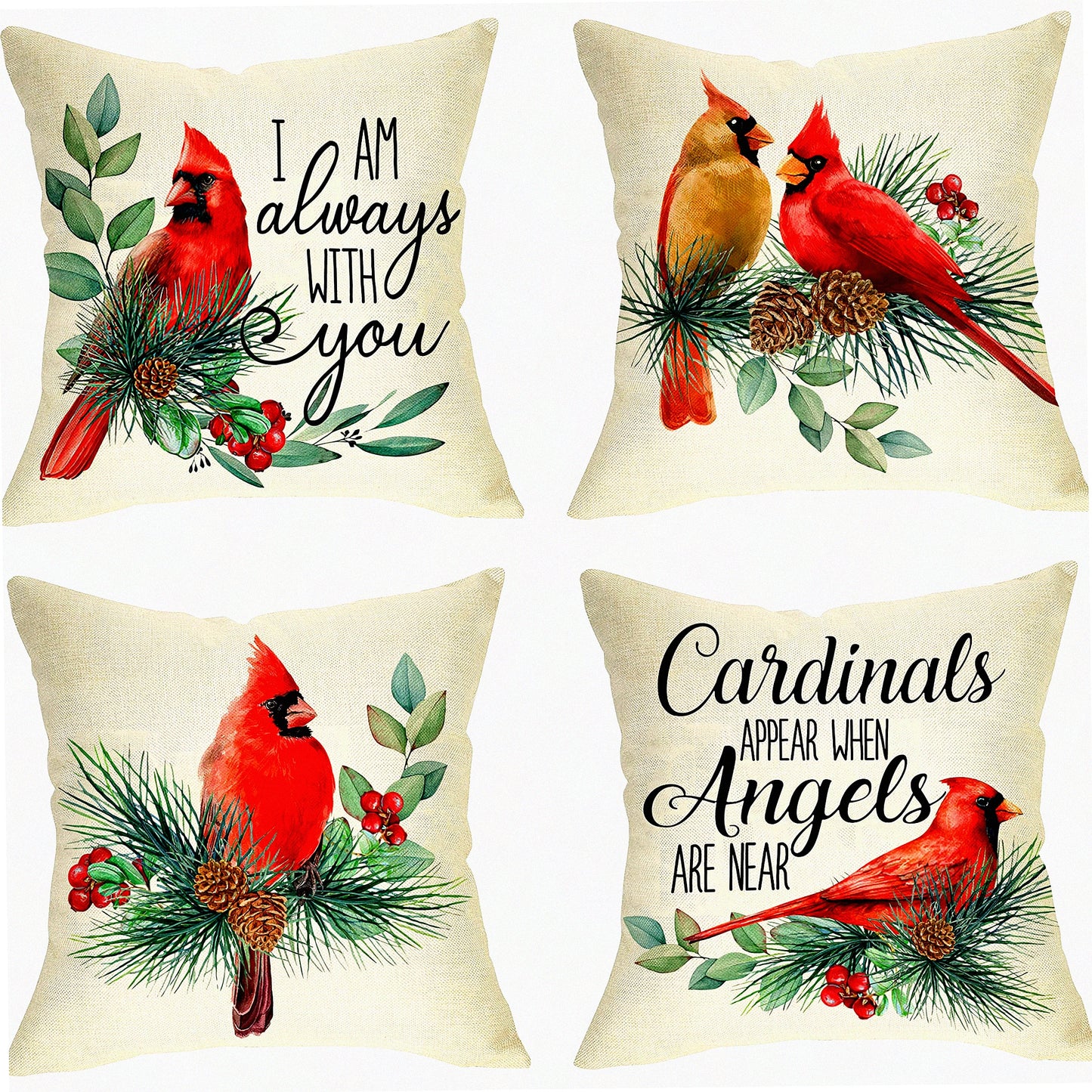 Cardinal Red Birds Winter Holiday Decorative Pillow Cover Set - Pine Cones Berry Cushion Case Quote Pillowcase Sofa Couch Decoration 16x16