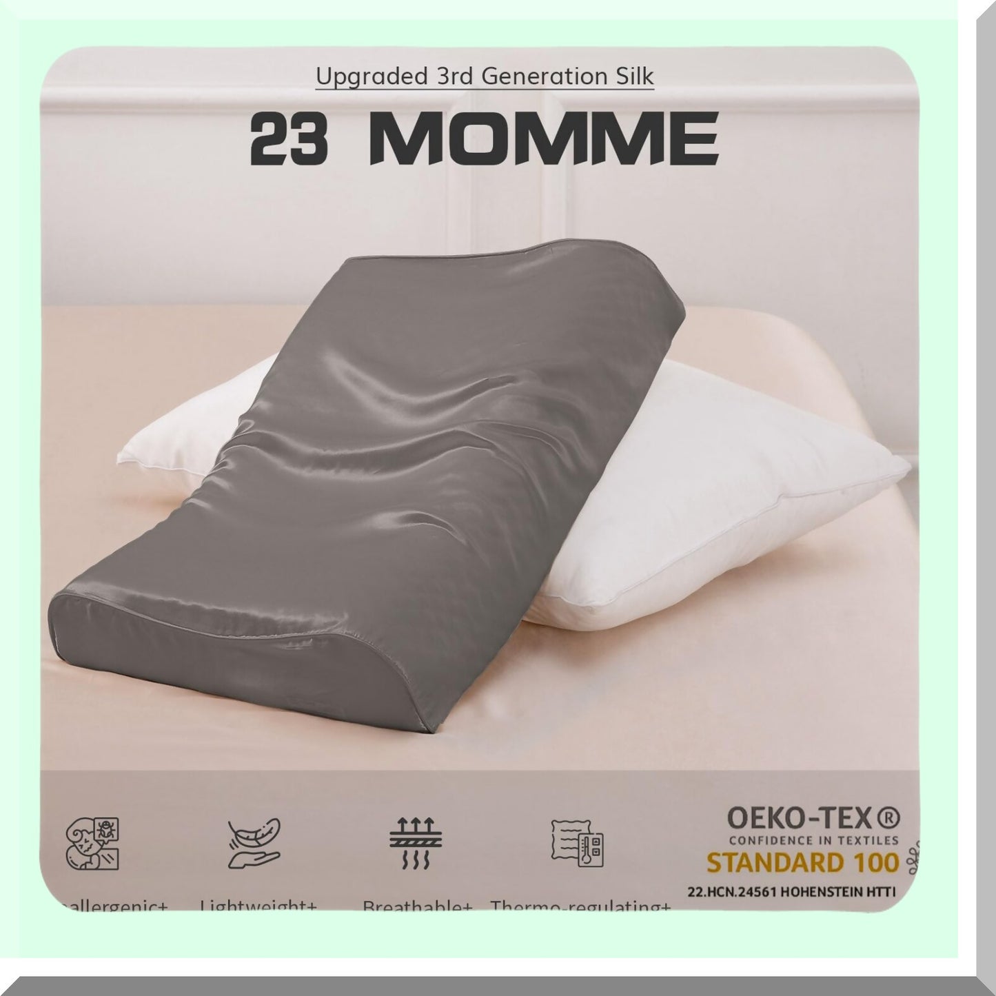 Luxury Silk Memory Foam Pillowcase - Contour Cervical Pillow Cover, Natural Mulberry Silk, 23 Momme, Grey, 28.3"x16"x5"/4.3"