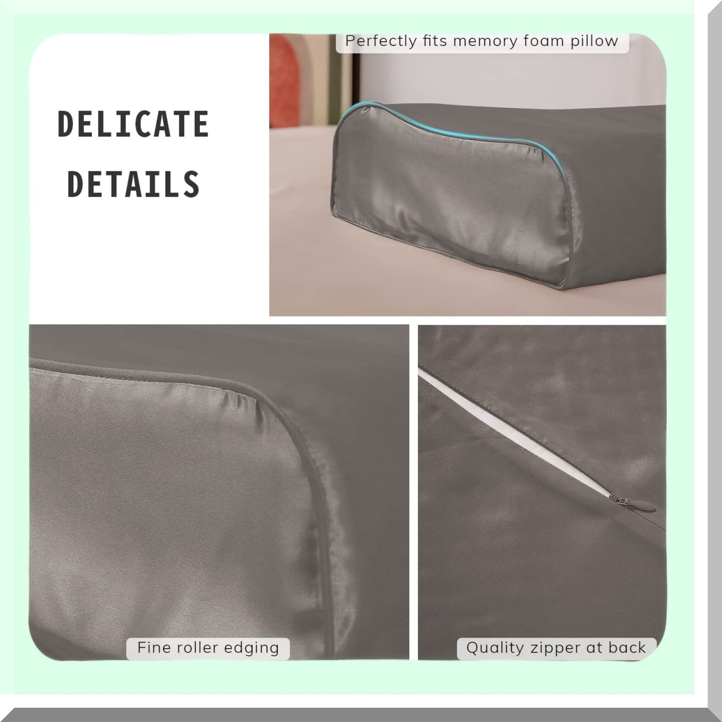 Luxury Silk Memory Foam Pillowcase - Contour Cervical Pillow Cover, Natural Mulberry Silk, 23 Momme, Grey, 28.3"x16"x5"/4.3"