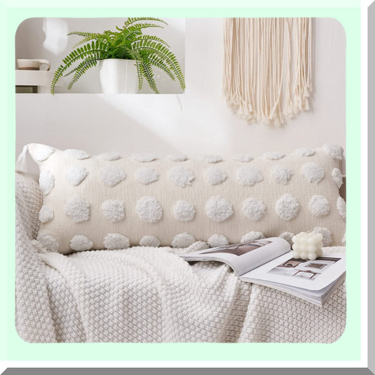 Chenille Boho Dotted Tufted Lumbar Pillow Cover - 14x36inch Bohemian Textured Body Throw for Bed Sofa Living Room - Soft Decorative