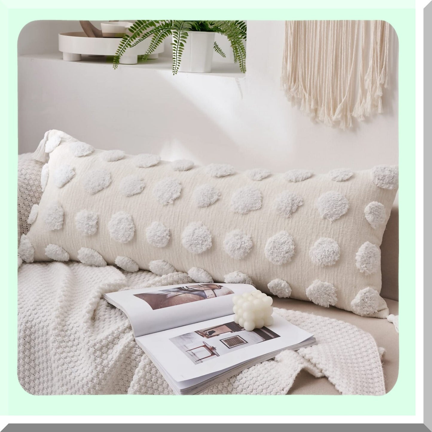 Chenille Boho Dotted Tufted Lumbar Pillow Cover - 14x36inch Bohemian Textured Body Throw for Bed Sofa Living Room - Soft Decorative