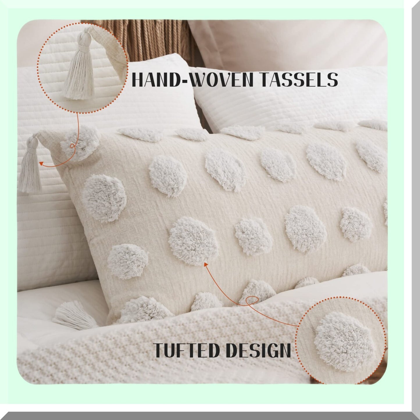 Chenille Boho Dotted Tufted Lumbar Pillow Cover - 14x36inch Bohemian Textured Body Throw for Bed Sofa Living Room - Soft Decorative