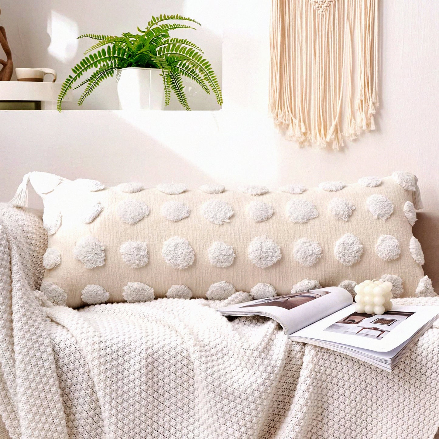 Chenille Boho Dotted Tufted Lumbar Pillow Cover - 14x36inch Bohemian Textured Body Throw for Bed Sofa Living Room - Soft Decorative