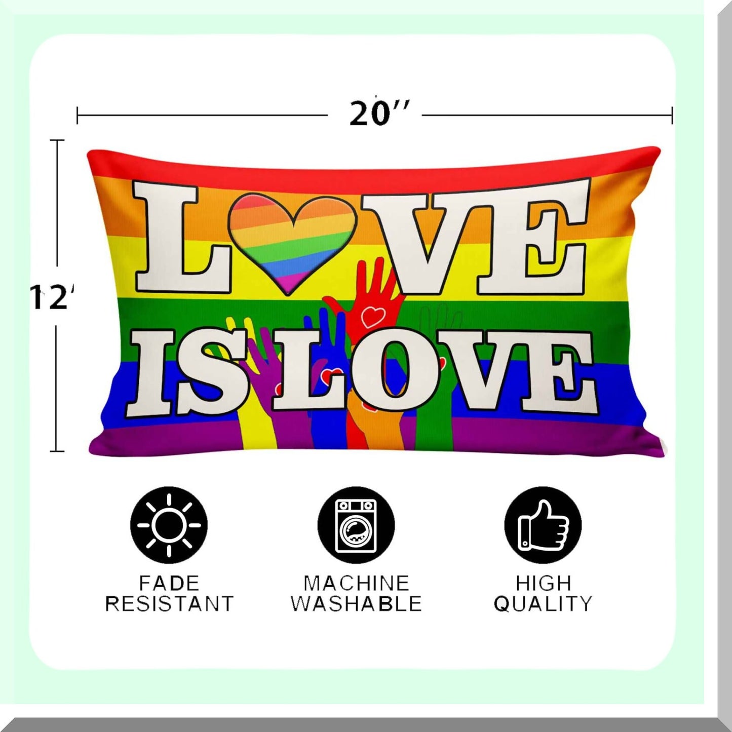 Rainbow Love Holiday Throw Pillow Covers - Set of 2 Decorative Pillow Covers for Home Decor - Love is Love LGBTQ Pride Party Supplies - 20 x 12 Inch