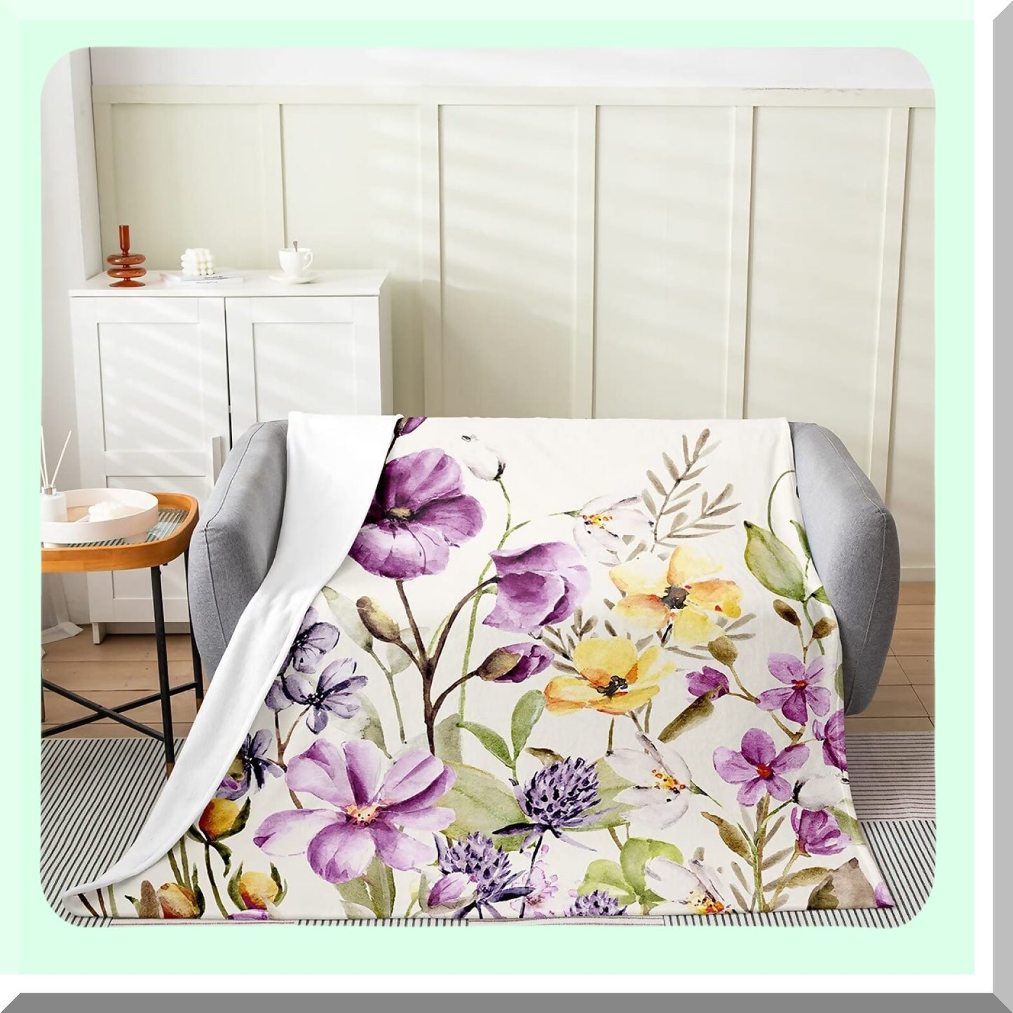 BlossomCozy All-Season Floral Fleece Throw - Soft Botanical Bed Blanket for Sofa & Bedroom Decor, 30"x40", Purple Yellow Green"