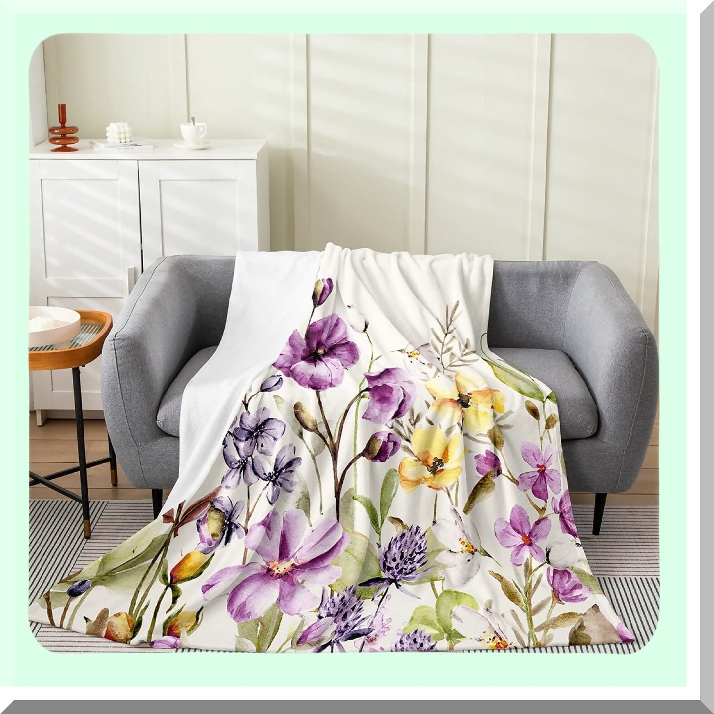 BlossomCozy All-Season Floral Fleece Throw - Soft Botanical Bed Blanket for Sofa & Bedroom Decor, 30"x40", Purple Yellow Green"