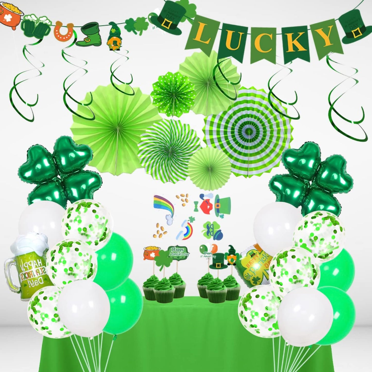 Shamrock Celebration Kit: St Patricks Day Decor Set with Tablecover, Tablecloth, Hanging Swirl, Paper Fan, Lucky Banner, Cake Topper & Balloon