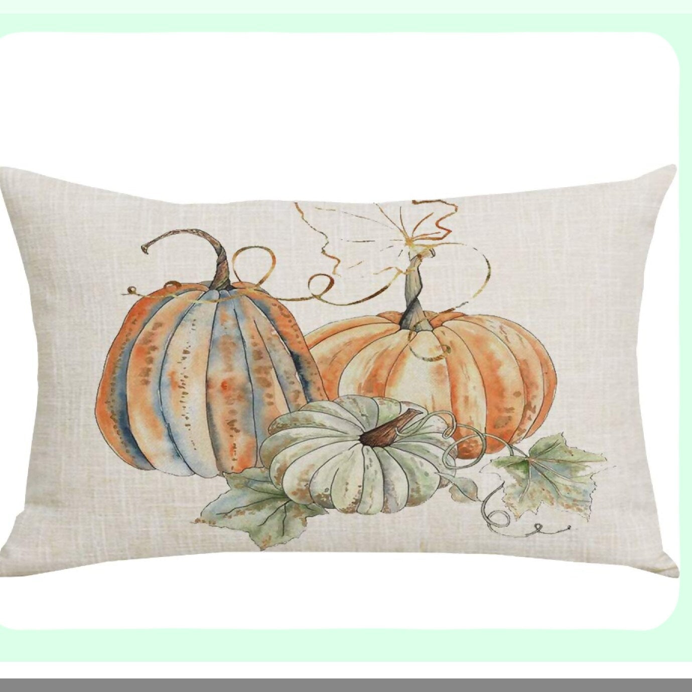 Fall Harvest Watercolor Pumpkin Leaves Decorative Pillow Cover - 12x20 Inches - Cotton Linen Lumbar Sofa Chair Bed Decoration - Yellow Green Home Throw Case