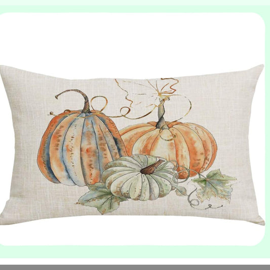 Fall Harvest Watercolor Pumpkin Leaves Decorative Pillow Cover - 12x20 Inches - Cotton Linen Lumbar Sofa Chair Bed Decoration - Yellow Green Home Throw Case