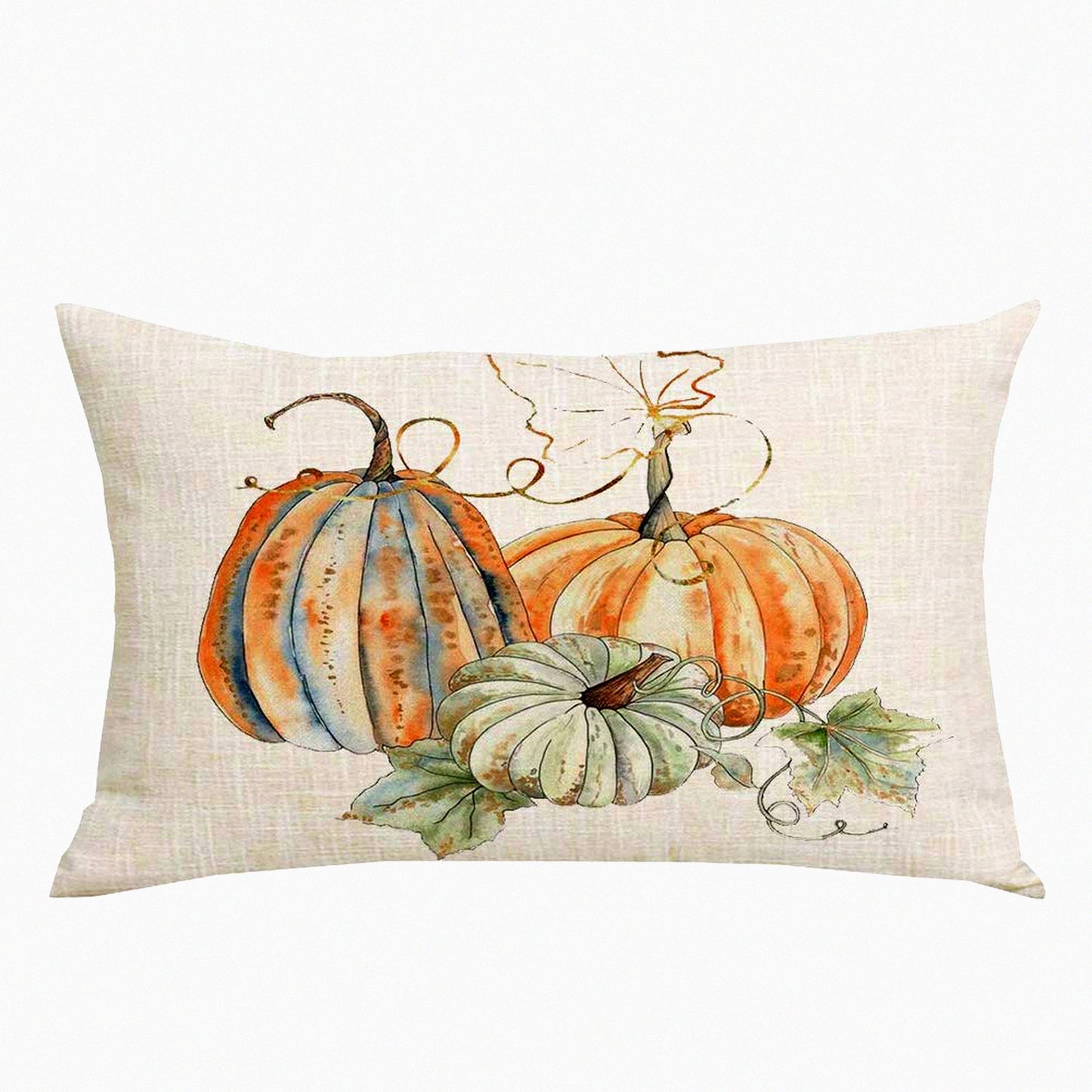 Fall Harvest Watercolor Pumpkin Leaves Decorative Pillow Cover - 12x20 Inches - Cotton Linen Lumbar Sofa Chair Bed Decoration - Yellow Green Home Throw Case