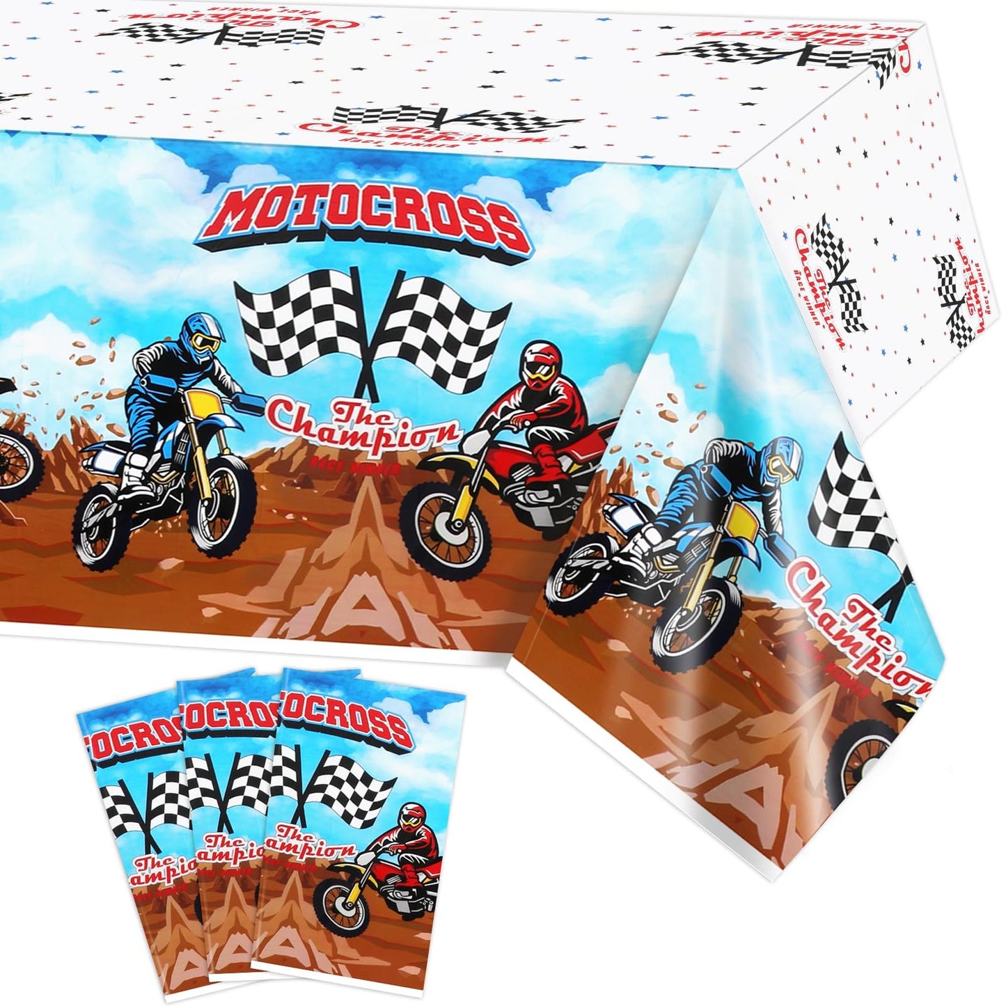 Dirt Bike Party Tablecloth Set - Motocross Racing Theme Table Covers for Boys Birthday Decorations - 3 Pack Motorcycle Plastic Tablecloth Kit