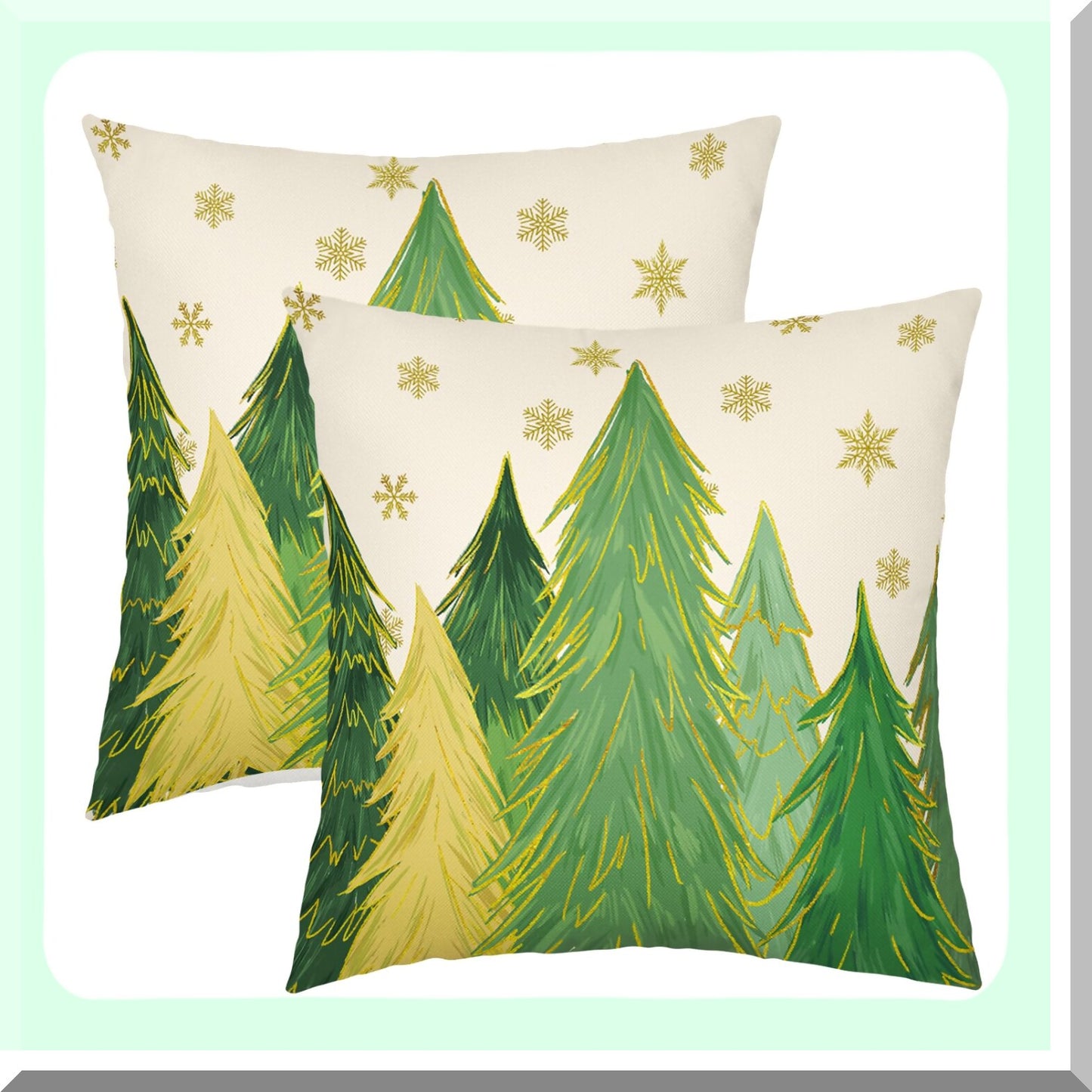 Winter Wonderland Pillow Covers - Set of 2 Green Tree Gold Snowflake Xmas Decorative Throw Pillows 18x18 Inch - Farmhouse Holiday Home Decor for Couch, Sofa, Porch & Outdoor