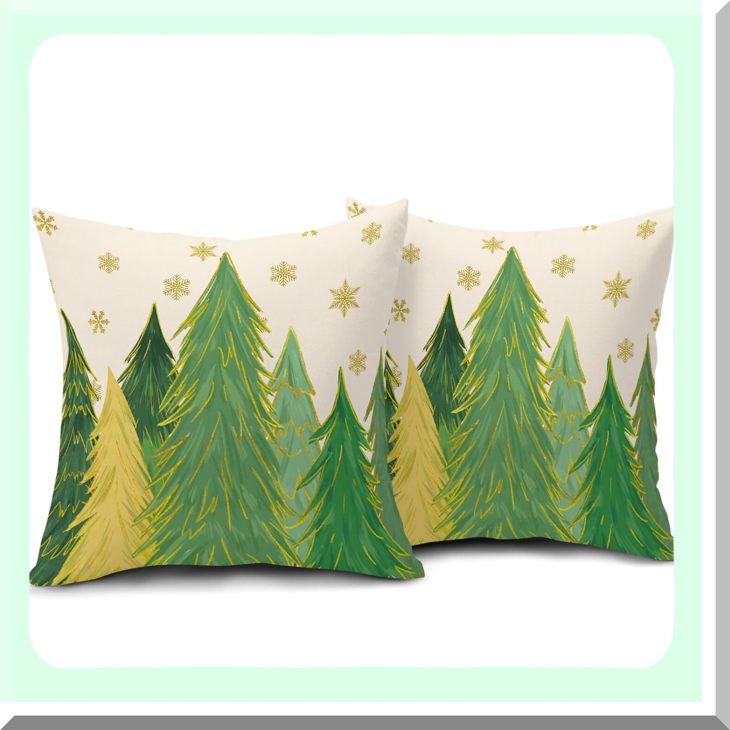 Winter Wonderland Pillow Covers - Set of 2 Green Tree Gold Snowflake Xmas Decorative Throw Pillows 18x18 Inch - Farmhouse Holiday Home Decor for Couch, Sofa, Porch & Outdoor