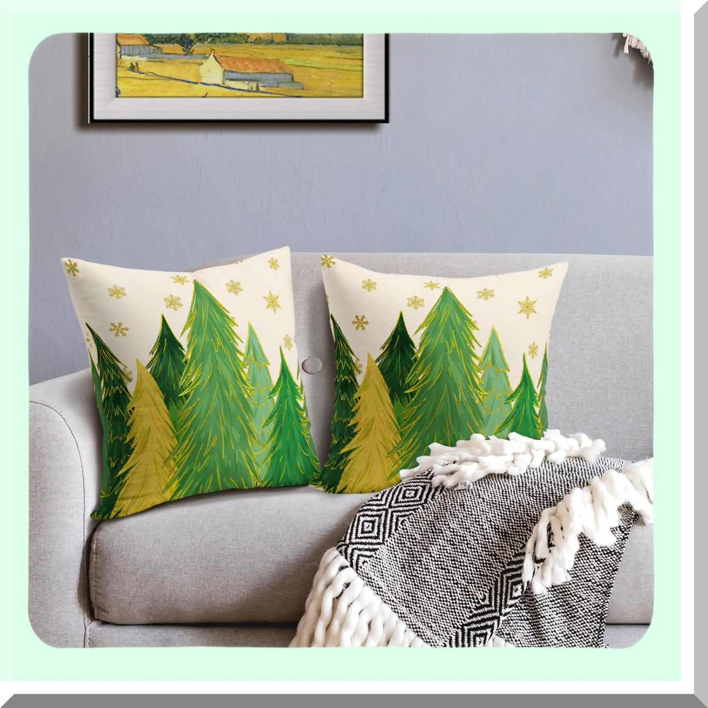 Winter Wonderland Pillow Covers - Set of 2 Green Tree Gold Snowflake Xmas Decorative Throw Pillows 18x18 Inch - Farmhouse Holiday Home Decor for Couch, Sofa, Porch & Outdoor