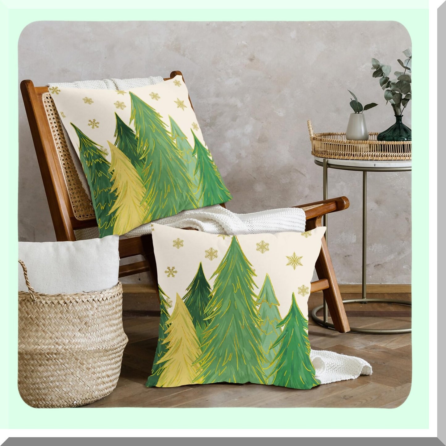 Winter Wonderland Pillow Covers - Set of 2 Green Tree Gold Snowflake Xmas Decorative Throw Pillows 18x18 Inch - Farmhouse Holiday Home Decor for Couch, Sofa, Porch & Outdoor