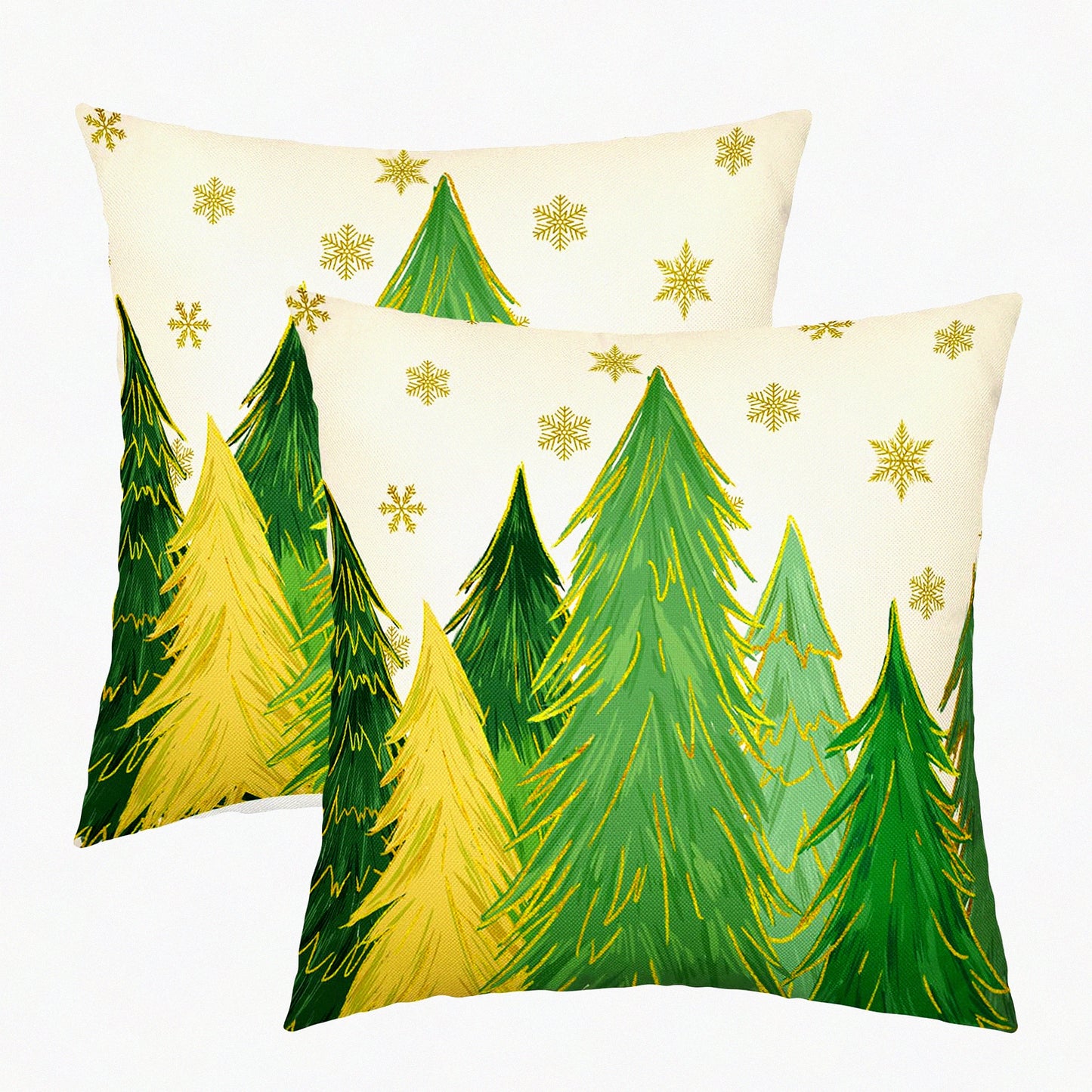 Winter Wonderland Pillow Covers - Set of 2 Green Tree Gold Snowflake Xmas Decorative Throw Pillows 18x18 Inch - Farmhouse Holiday Home Decor for Couch, Sofa, Porch & Outdoor