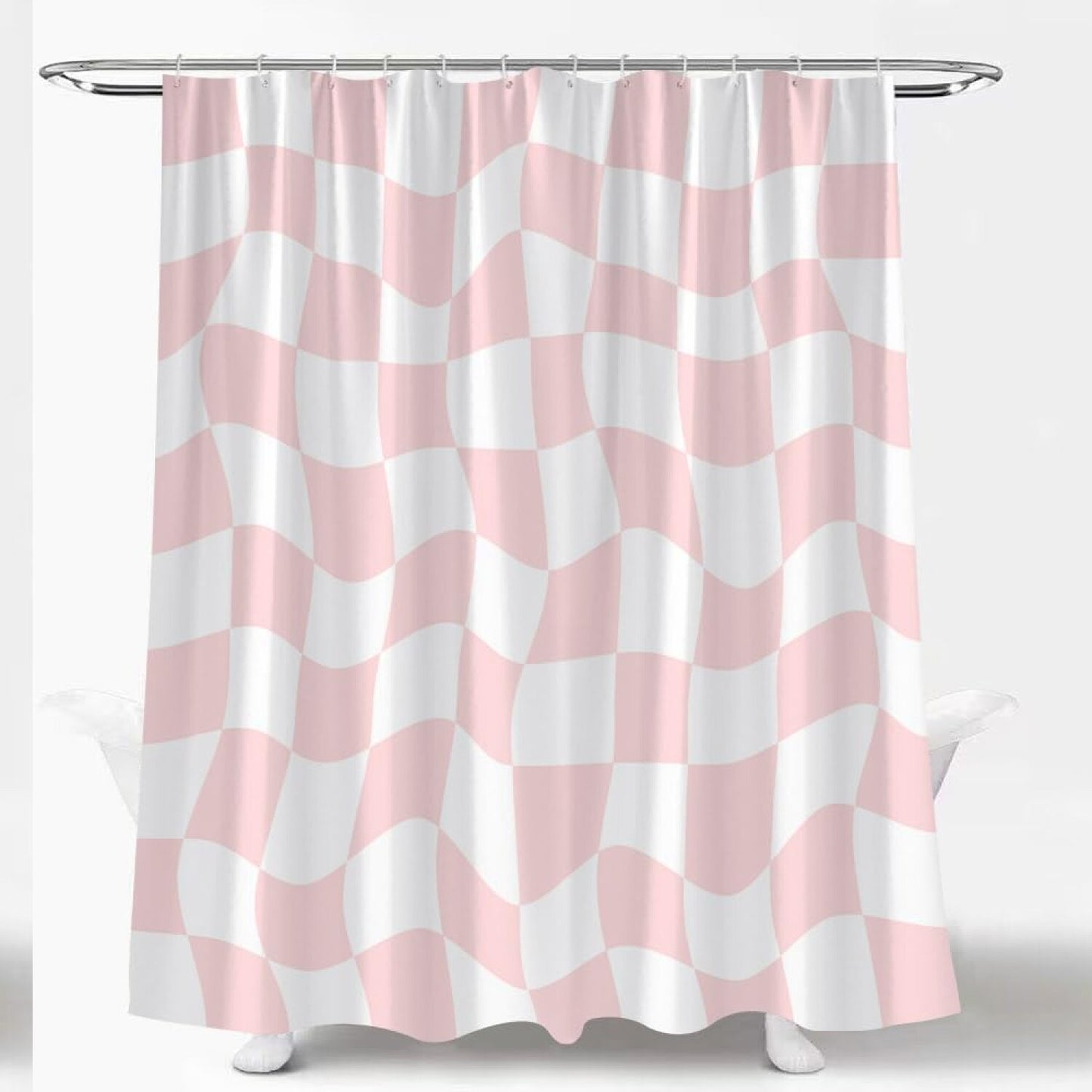 Retro Checkered Pink White Shower Curtain Set