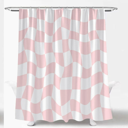 Retro Checkered Pink White Shower Curtain Set
