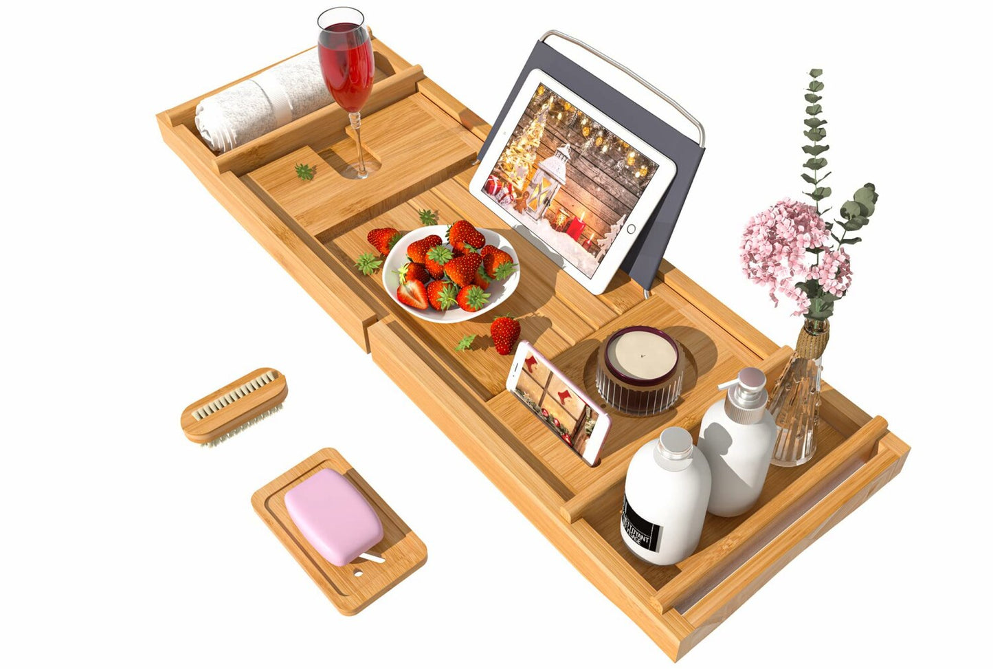 Bath Caddy Tray for Bathtub Bamboo Adjustable Organizer