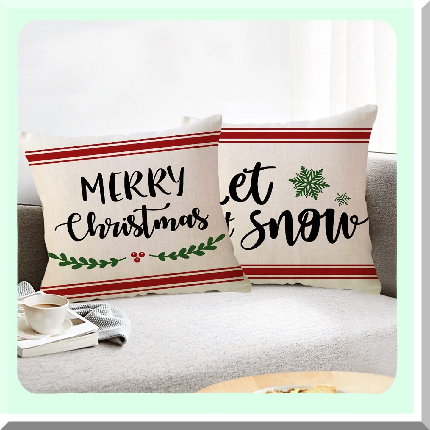 Winter Wonderland Farmhouse Pillow Covers - Set of 2 Red Striped Let It Snow/Merry 20x20 Inches Decorative Throw Pillow Covers for Sofa/Couch/Porch