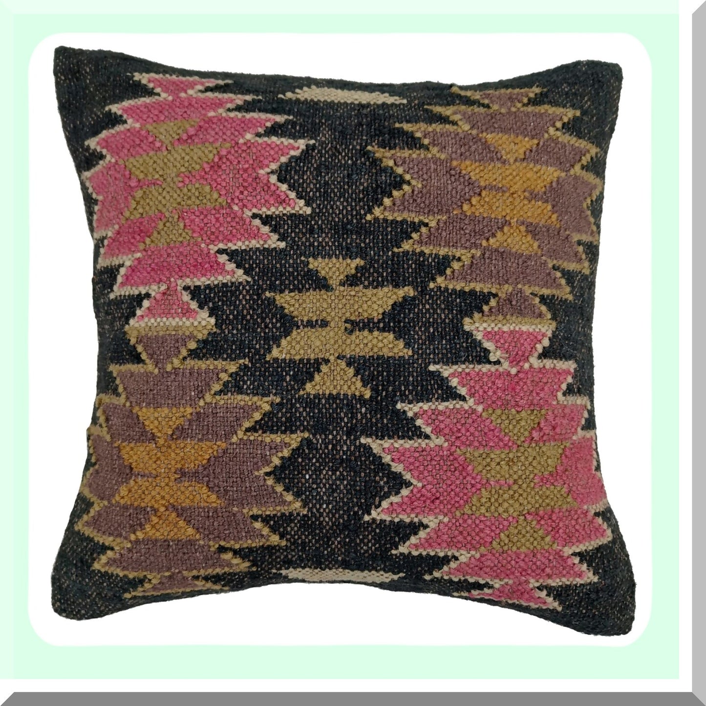 Vintage Boho Wool Jute Kilim Pillow Cover - Handwoven Farmhouse Cushion Case for Home Decor - Ethnic Pattern 11 - 18x18 Square Rug Pillow