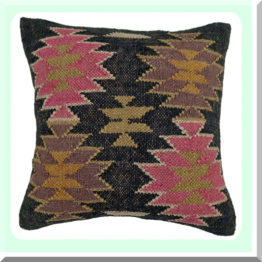 Vintage Boho Wool Jute Kilim Pillow Cover - Handwoven Farmhouse Cushion Case for Home Decor - Ethnic Pattern 11 - 18x18 Square Rug Pillow
