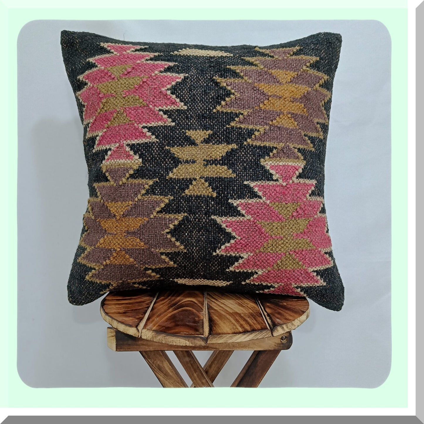 Vintage Boho Wool Jute Kilim Pillow Cover - Handwoven Farmhouse Cushion Case for Home Decor - Ethnic Pattern 11 - 18x18 Square Rug Pillow